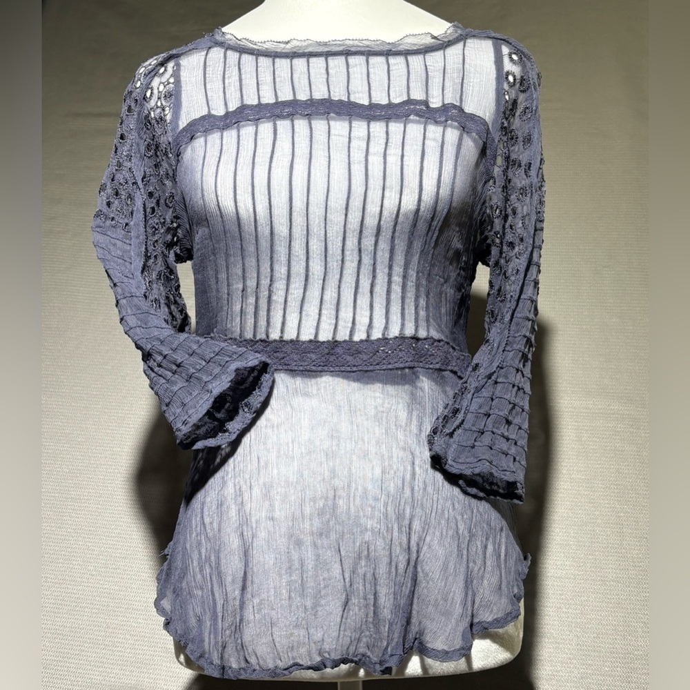 Sundance silk sheer whimsical blouse womans XS blue/gray romantic fairy ethereal - Picture 2 of 7